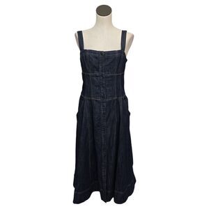 Anthropologie Maeve Square Neck Button Down Corset Denim Dress Navy Blue Size 10